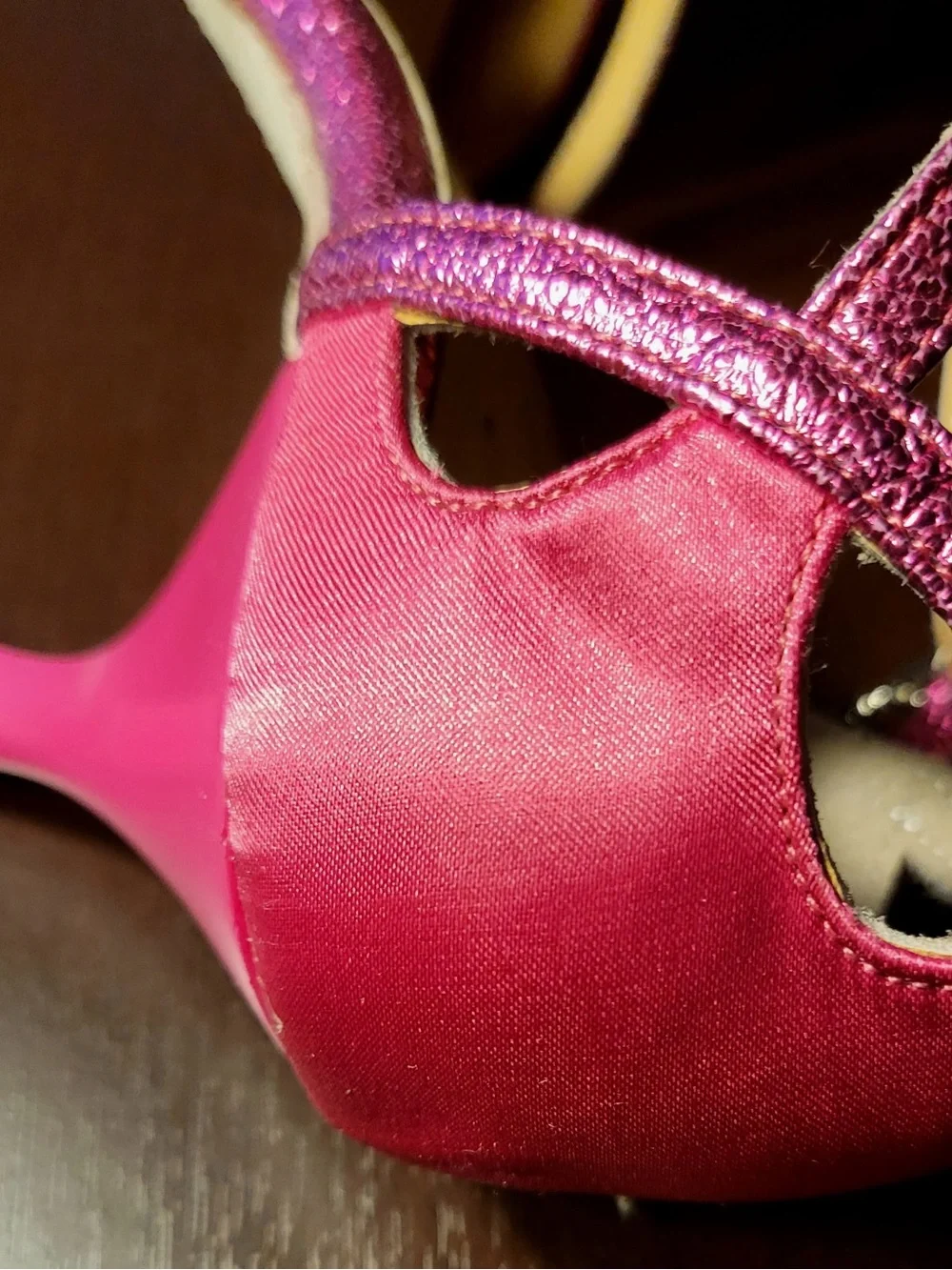 Fuchsia Satin Open-Toe Heels with Glitter Straps